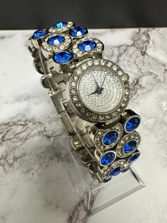 Suzanne Somers Watch Women Silver Tone Blue Rhinestone Bling Band New Battery main image 16